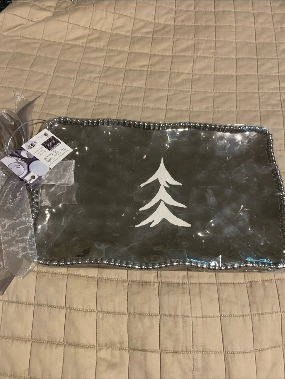 Unbranded Gray Decorative Tray with White Leaf Motif